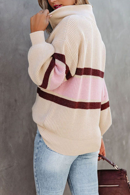 Pull en tricot décontracté à col zippé patchwork douillet