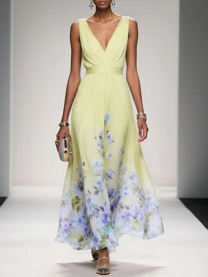 Robe longue en mousseline de soie à fleurs