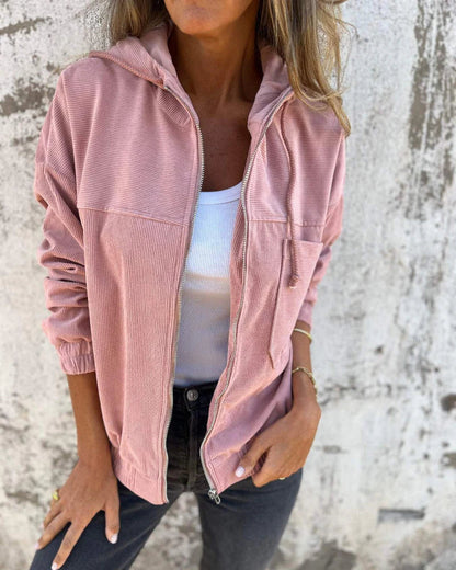Veste à capuche décontractée légère en velours côtelé pour femmes