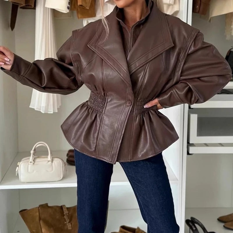Veste Moto Chic en Similicuir à Revers avec Taille Élastique
