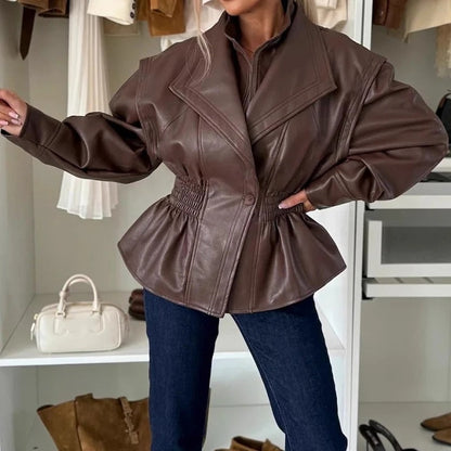 Veste Moto Chic en Similicuir à Revers avec Taille Élastique