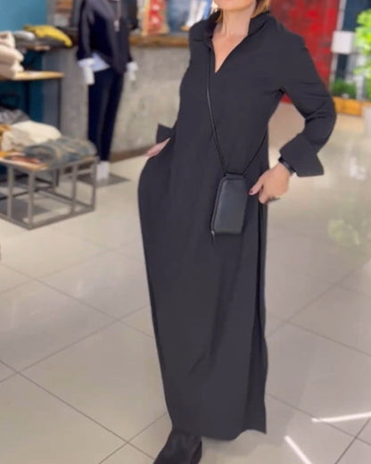 Robe Maxi Élastique à Manches Longues et Col V Élégante Femme