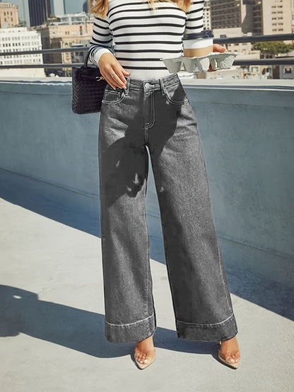 Jean en denim extensible taille haute à jambes larges avec ourlet revers