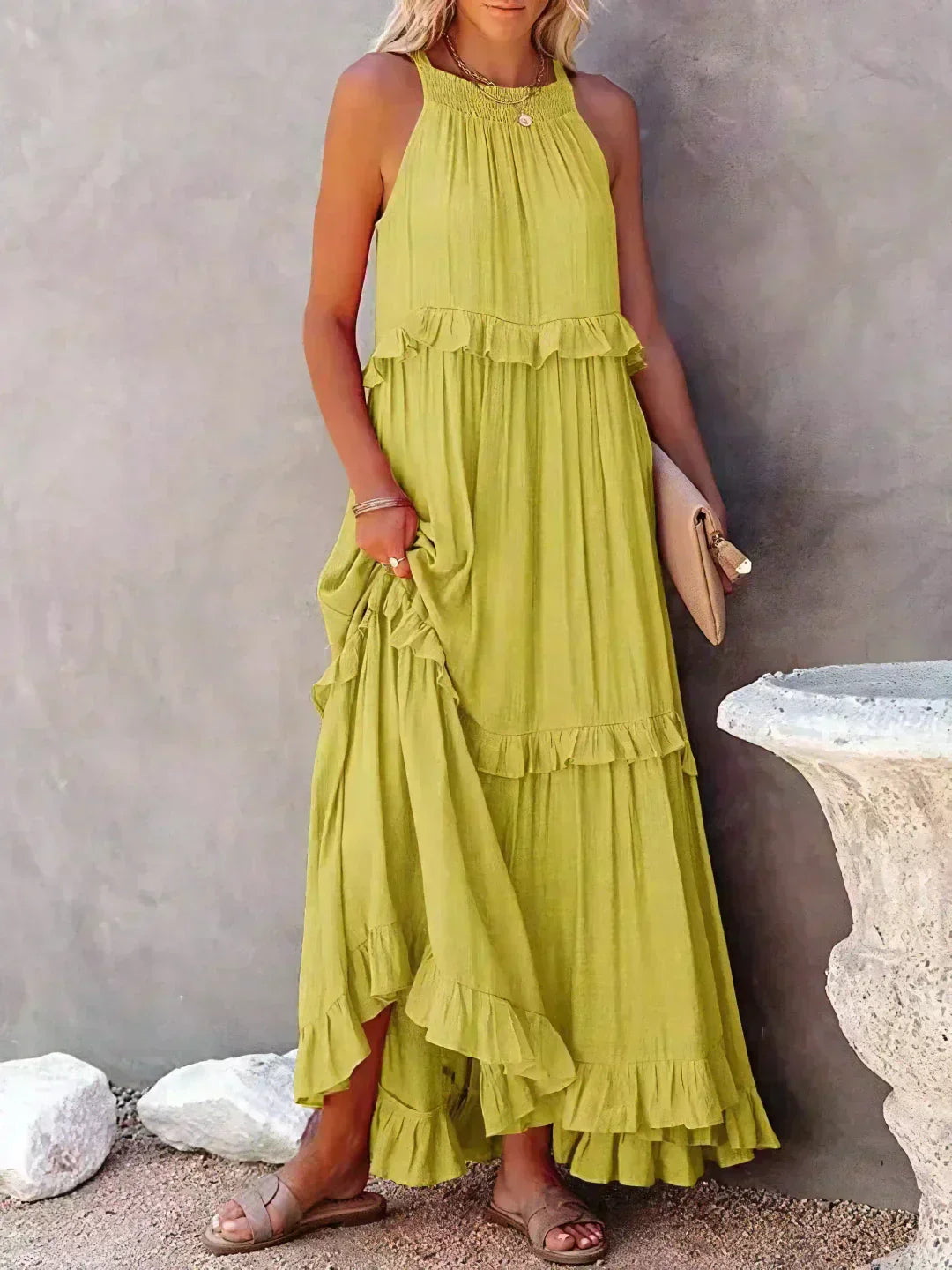 Pauline Laurent® | Robe longue volantée à col licou