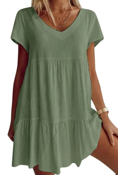 Robe tissée décontractée à encolure en V manches courtes