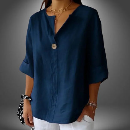 T-shirt confortable pour femme en lin et coton avec encolure en V