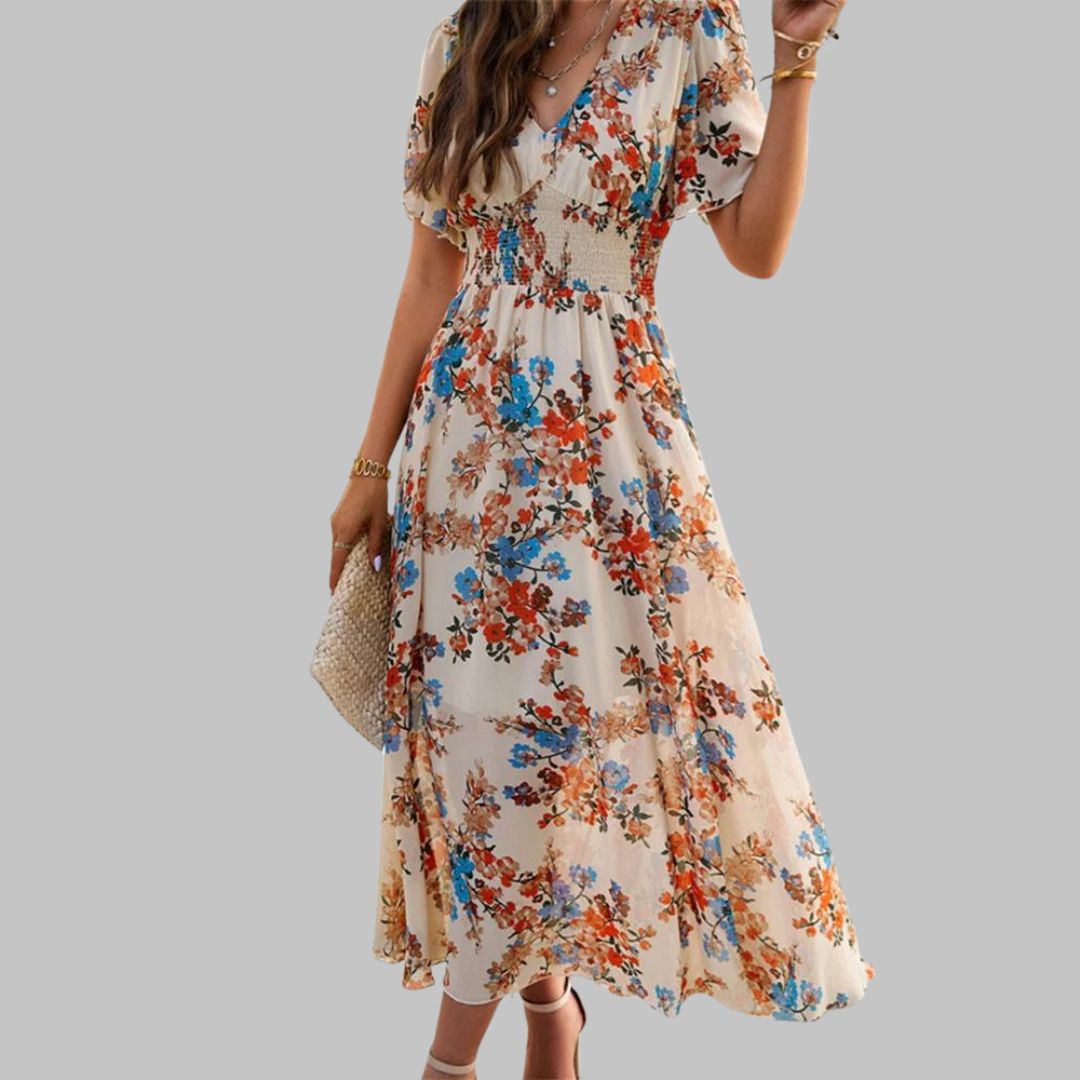 Pauline Laurent® | Robe midi à col V floral et manches courtes
