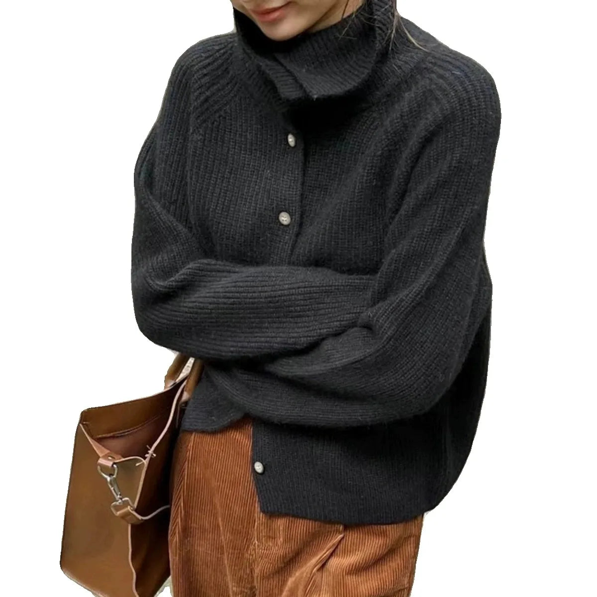 Pull à col roulé en tricot épais confortable avec boutons