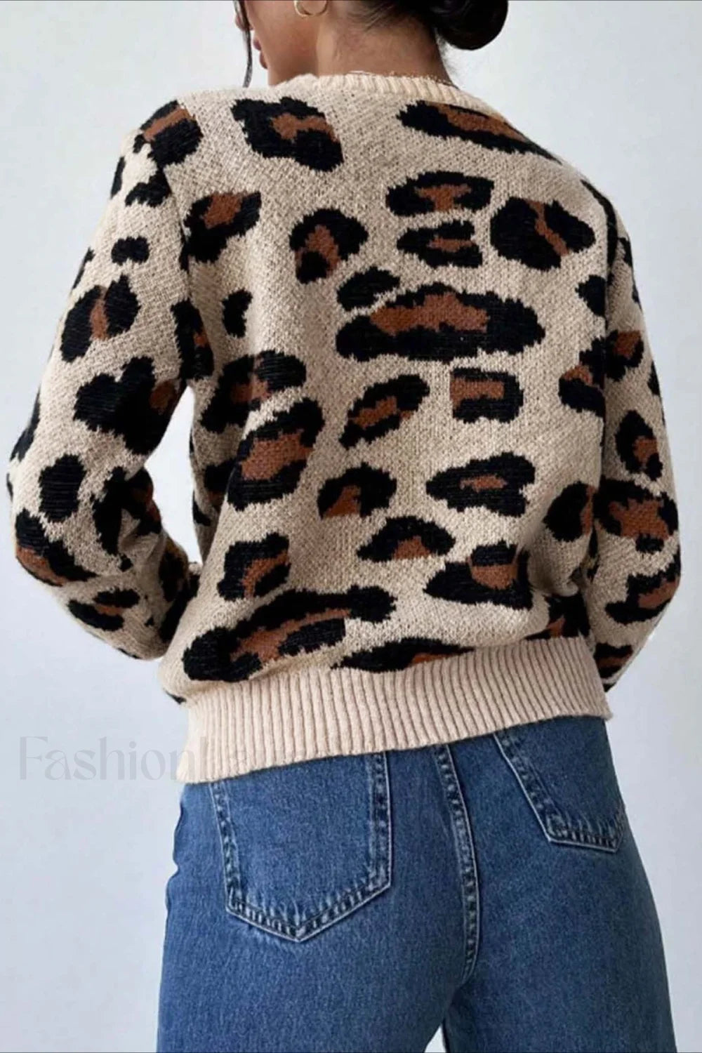 Pull à col rond chic à imprimé léopard bicolore