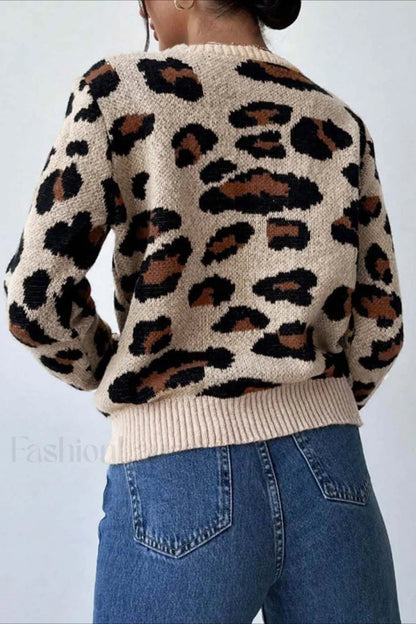 Pull à col rond chic à imprimé léopard bicolore
