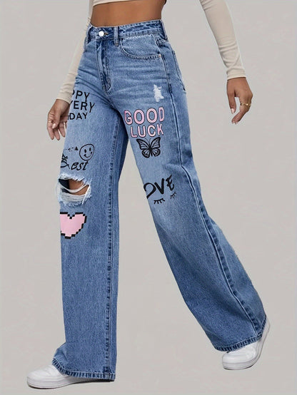 Jean en denim imprimé graphique taille haute à jambes larges