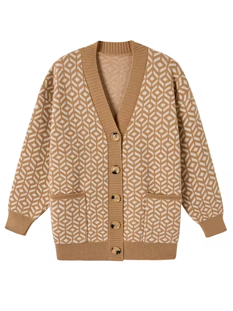Cardigan Boutonné en Maille Géométrique Confortable
