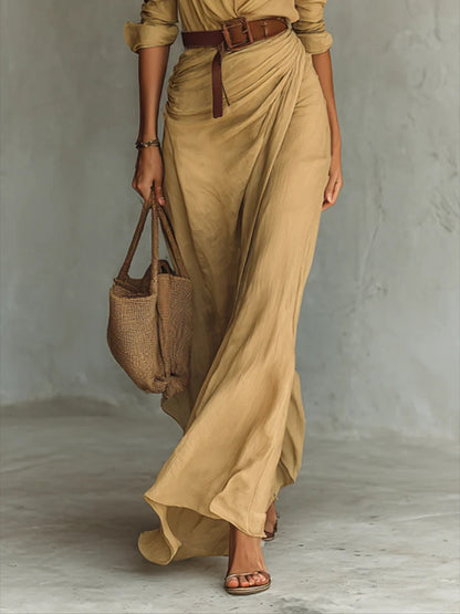 Robe longue ceinturée à manches longues et revers