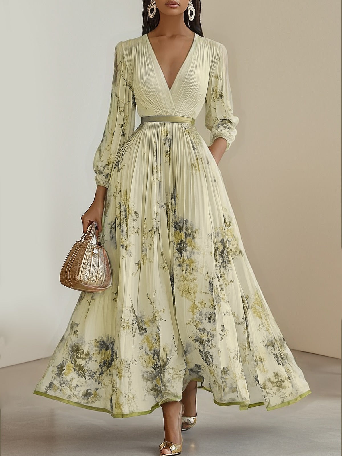 Robe longue plissée en mousseline de soie à fleurs