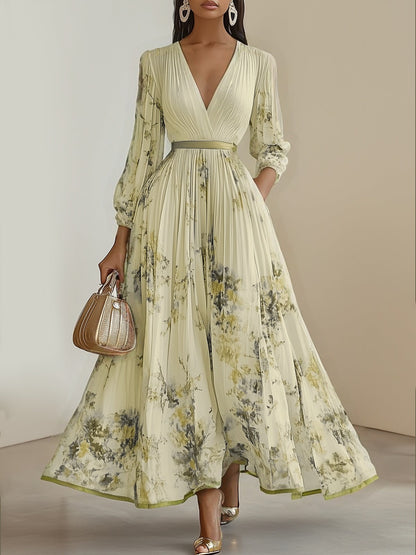 Robe longue plissée en mousseline de soie à fleurs