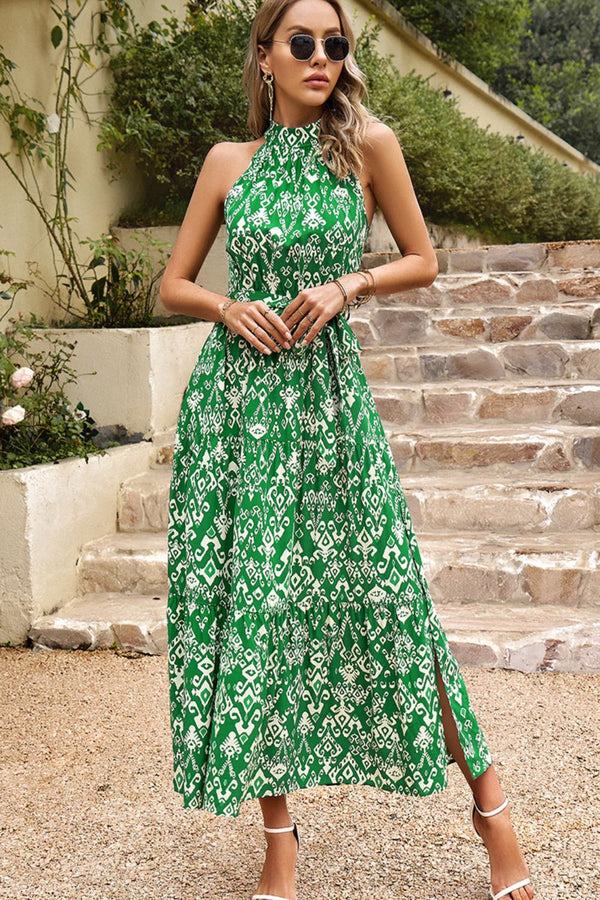 Robe sans manches fendue avec imprimé et encolure en V