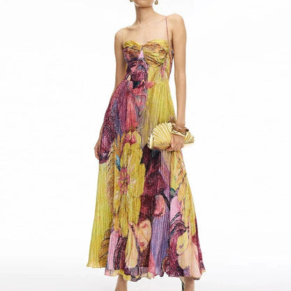 Robe Maxi Fleurie avec Encolure en Cœur et Détails Plissés
