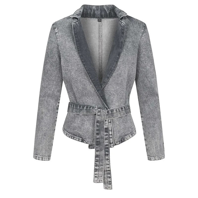 Veste décontractée en jean ceinturée avec col montant et manches longues