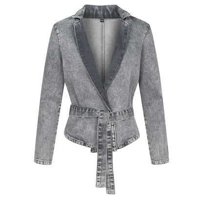 Veste décontractée en jean ceinturée avec col montant et manches longues