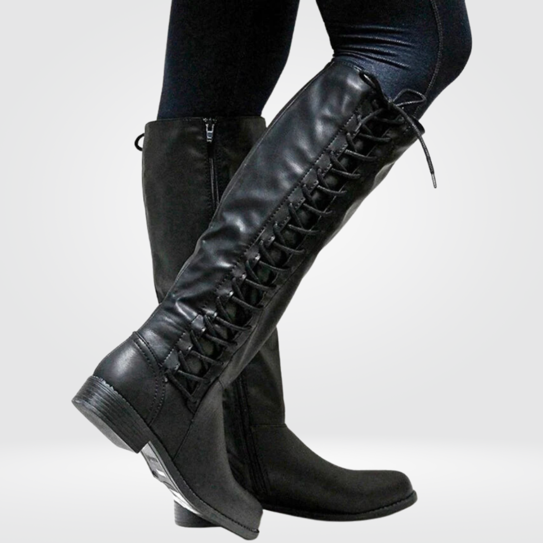 Bottes à talon carré aspect cuir pour femmes avec fermeture éclair et lacets