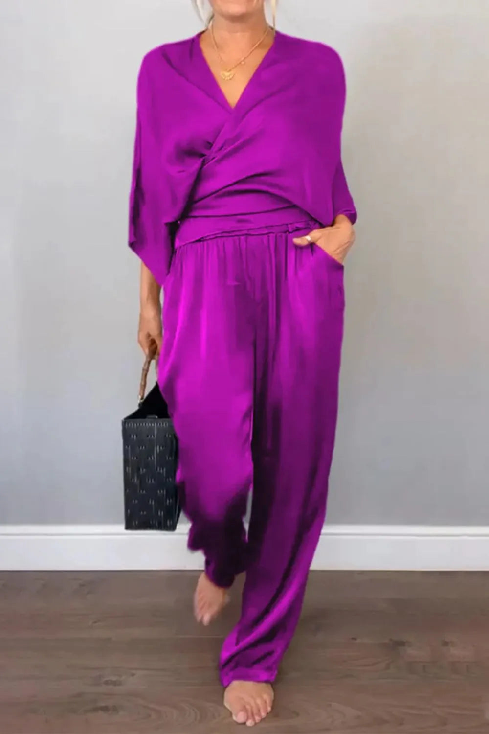 Ensemble Chic Haut Cache-cœur et Pantalon Décontracté Relaxé