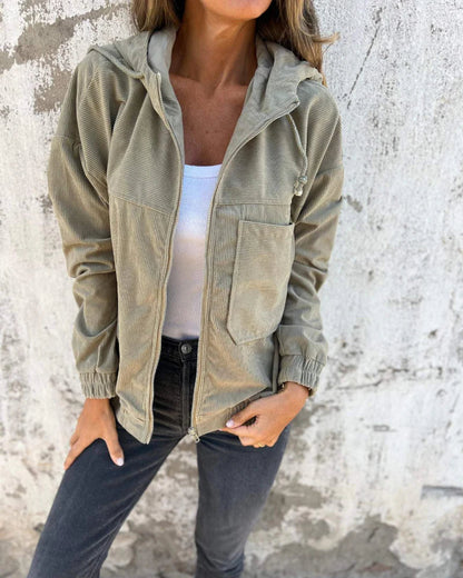 Veste à capuche décontractée légère en velours côtelé pour femmes