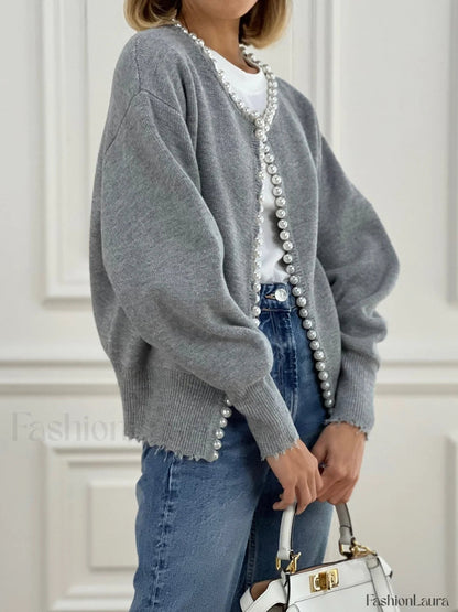 Cardigan en maille à bords déchirés avec bordure de perles