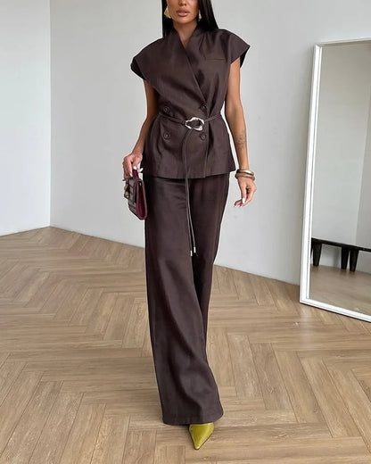 Ensemble deux pièces haut et pantalon en lin à double boutonnage