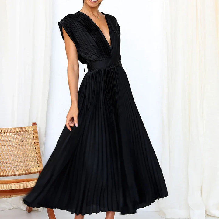Robe midi plissée avec encolure en V et manches courtes élégantes