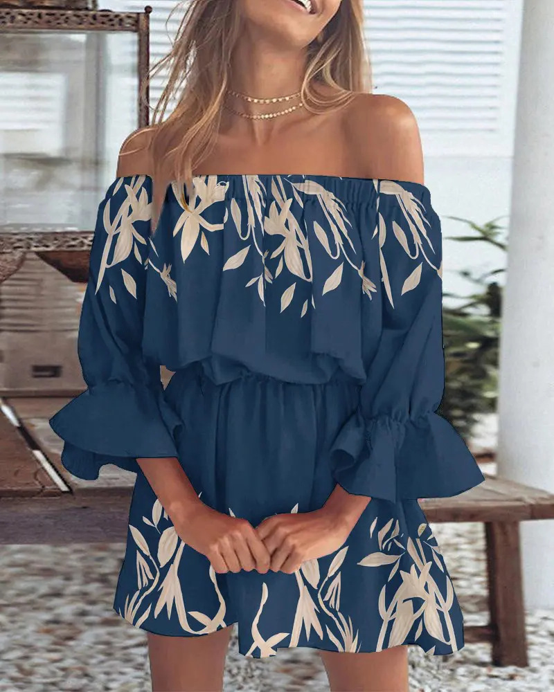 Pauline Laurent® | Robe à épaules découvertes avec imprimé feuilles de bohème