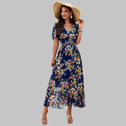 Pauline Laurent® | Robe midi à col V floral et manches courtes