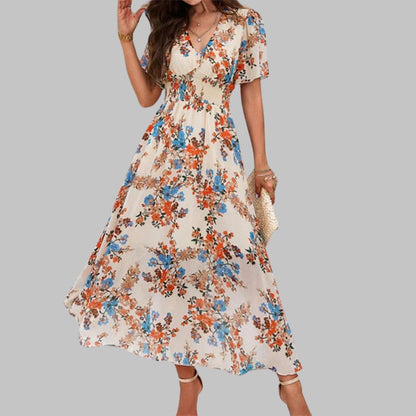 Pauline Laurent® | Robe midi à col V floral et manches courtes