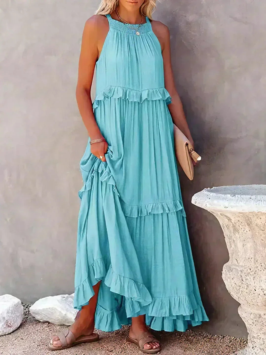 Pauline Laurent® | Robe longue volantée à col licou