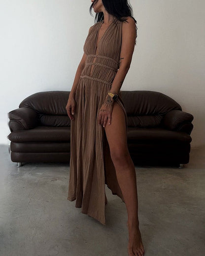 Robe de plage bohème à col en V et fente
