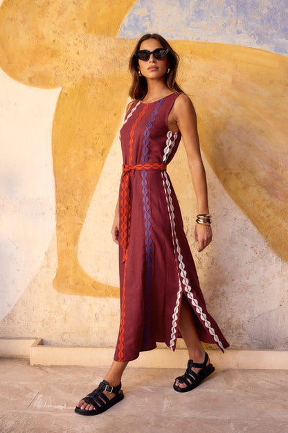 Robe mi-longue marron tabac pour femme
