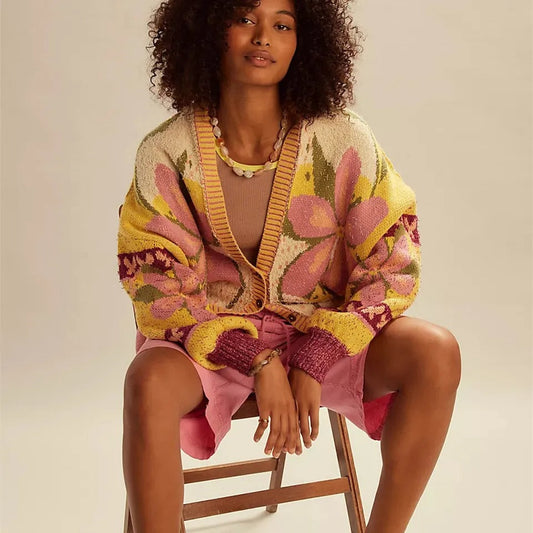 Cardigan en tricot floral confortable, coupe ample et manches longues