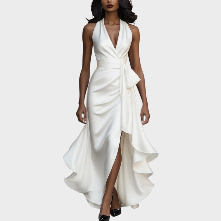 Robe Bustier en Satin Nuit avec Détail à Volants