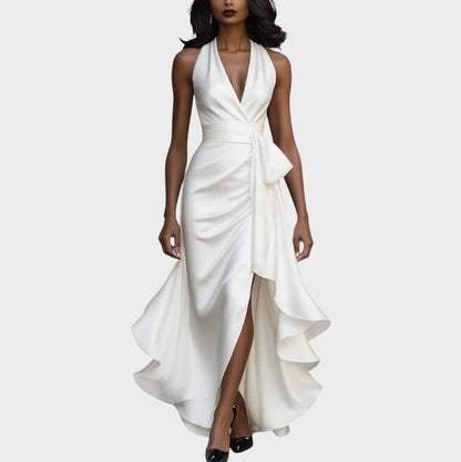 Robe Bustier en Satin Nuit avec Détail à Volants