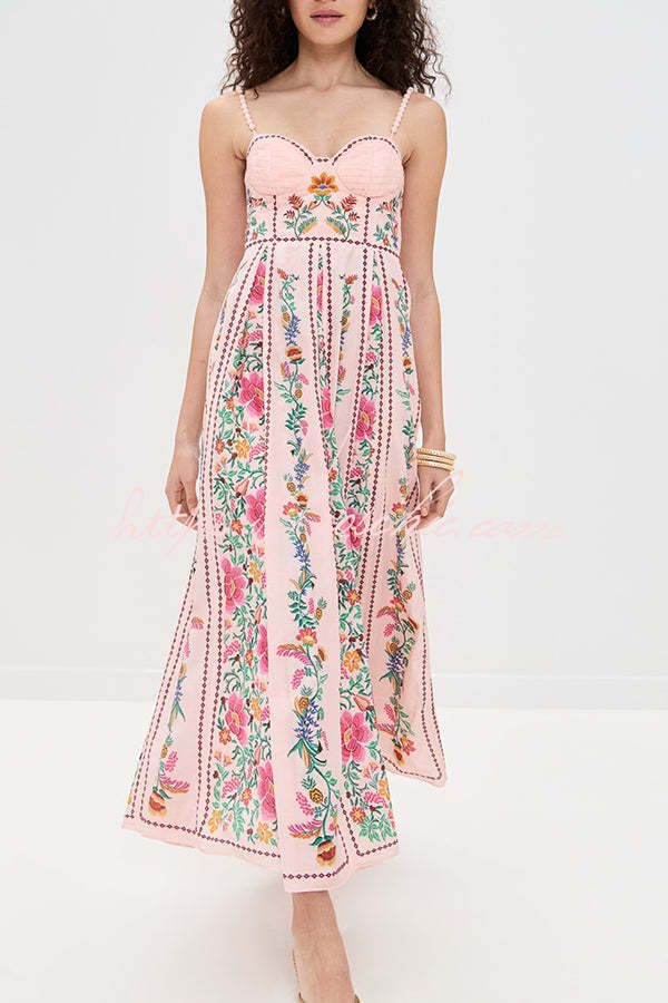 Robe maxi en mélange de lin avec bretelles en perles et décolleté en cœur