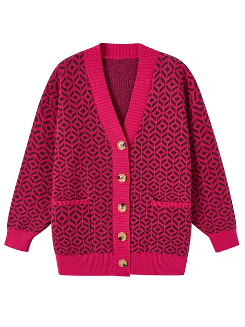 Cardigan Boutonné en Maille Géométrique Confortable
