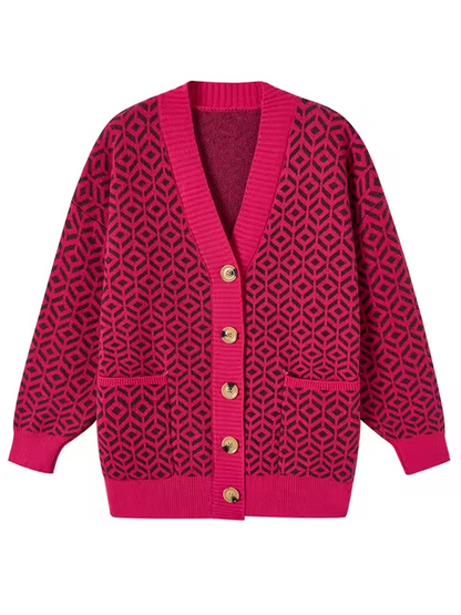 Cardigan Boutonné en Maille Géométrique Confortable