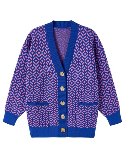Cardigan Boutonné en Maille Géométrique Confortable