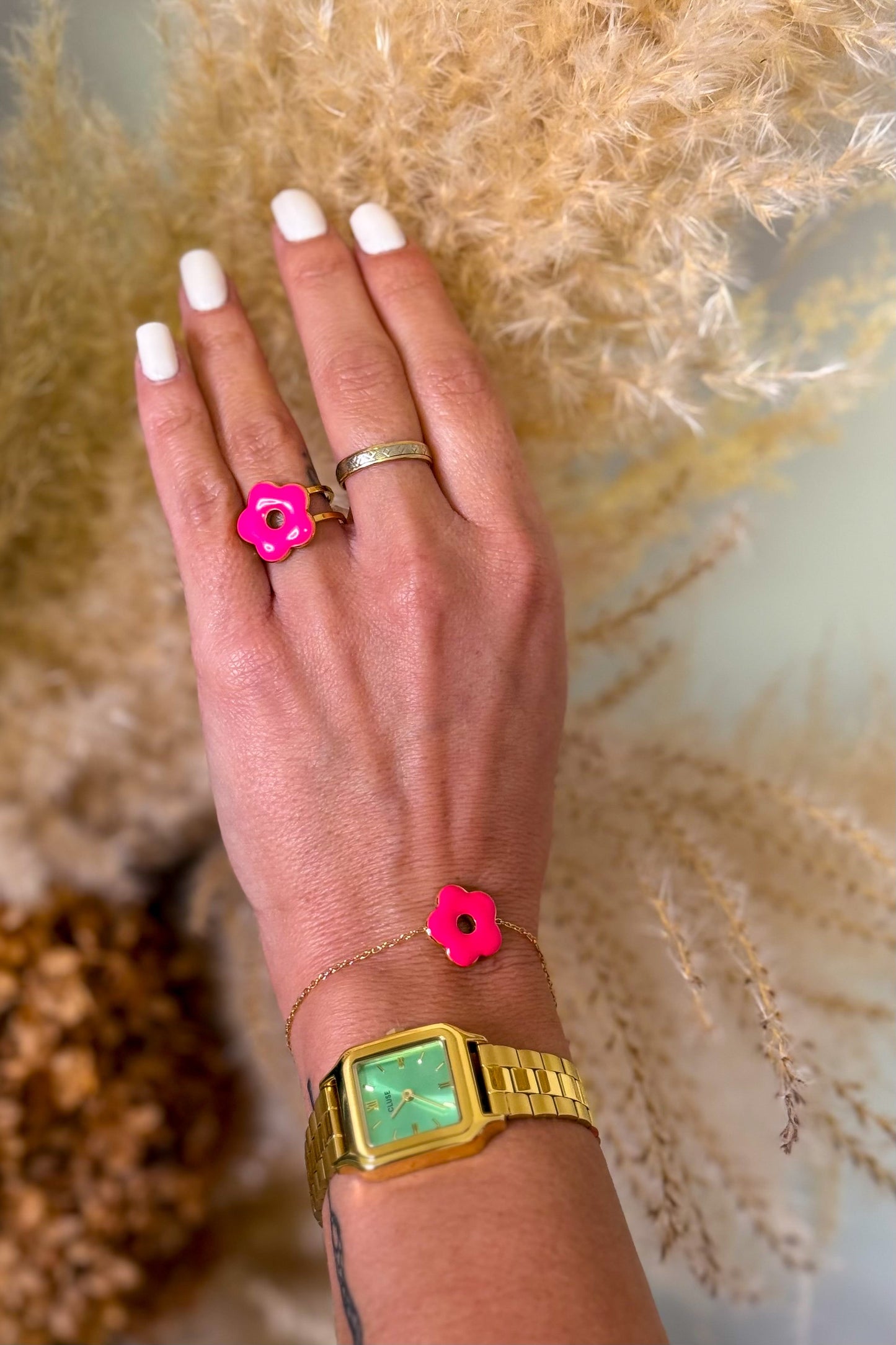 Bague Fleur Rose Fluo