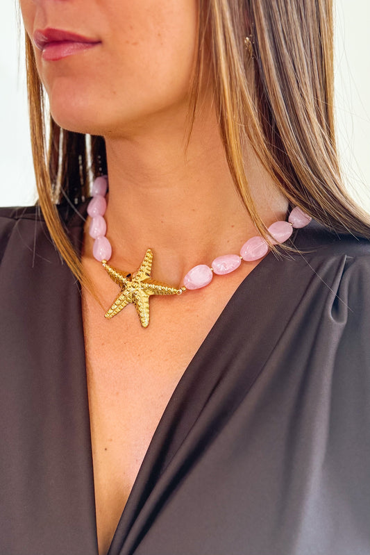 Collier Grosses Perles Etoile De Mer Rose