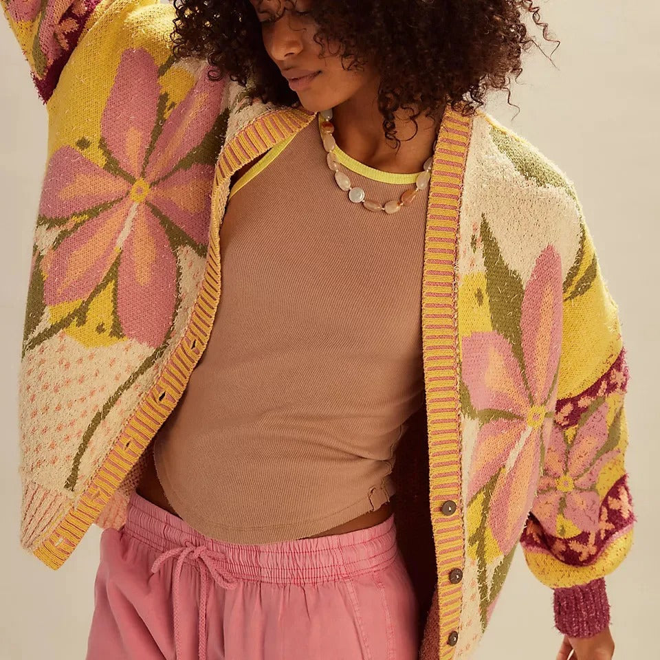 Cardigan en tricot floral confortable, coupe ample et manches longues