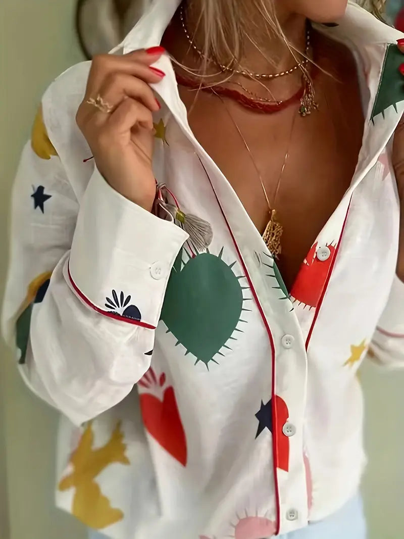 Blouse ample imprimée en mélange de lin à boutons-poussoirs