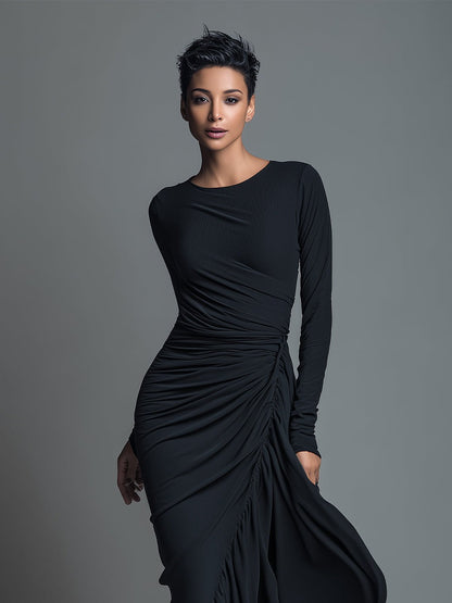 Robe longue froncée en jersey noir élégant