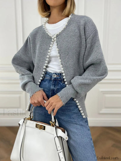 Cardigan en maille à bords déchirés avec bordure de perles