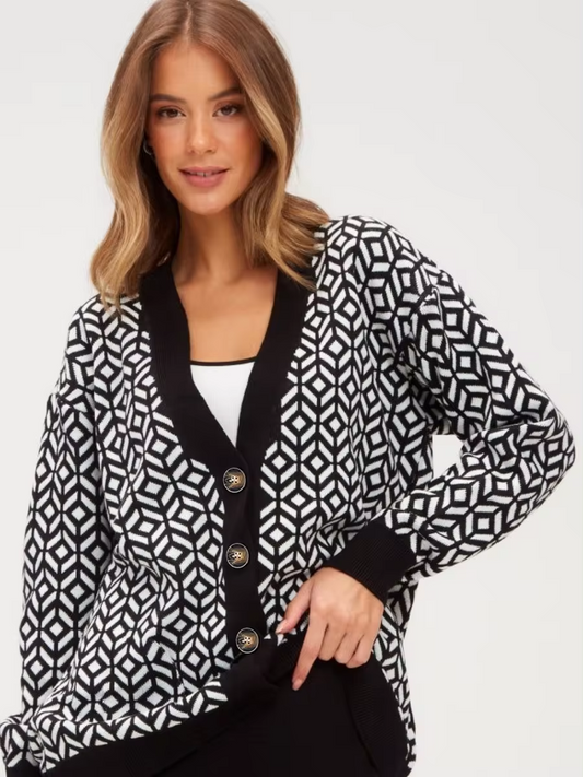 Cardigan Boutonné en Maille Géométrique Confortable