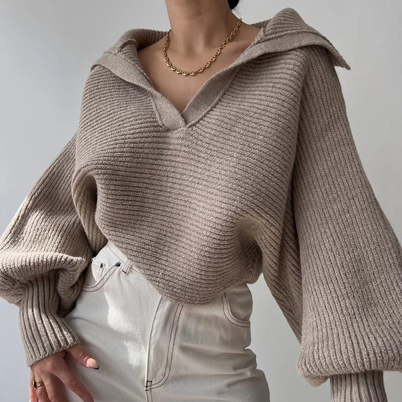 Pull en maille à manches lanterne confortables et col ouvert
